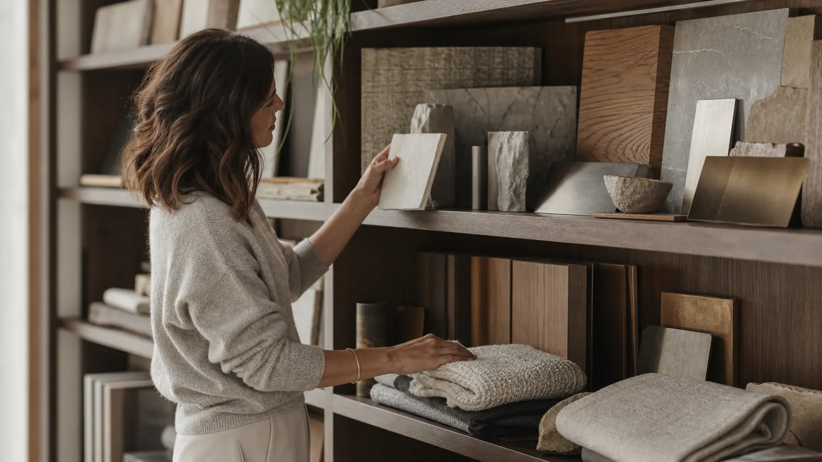 Designer selecting stone and textile samples from a walnut material library